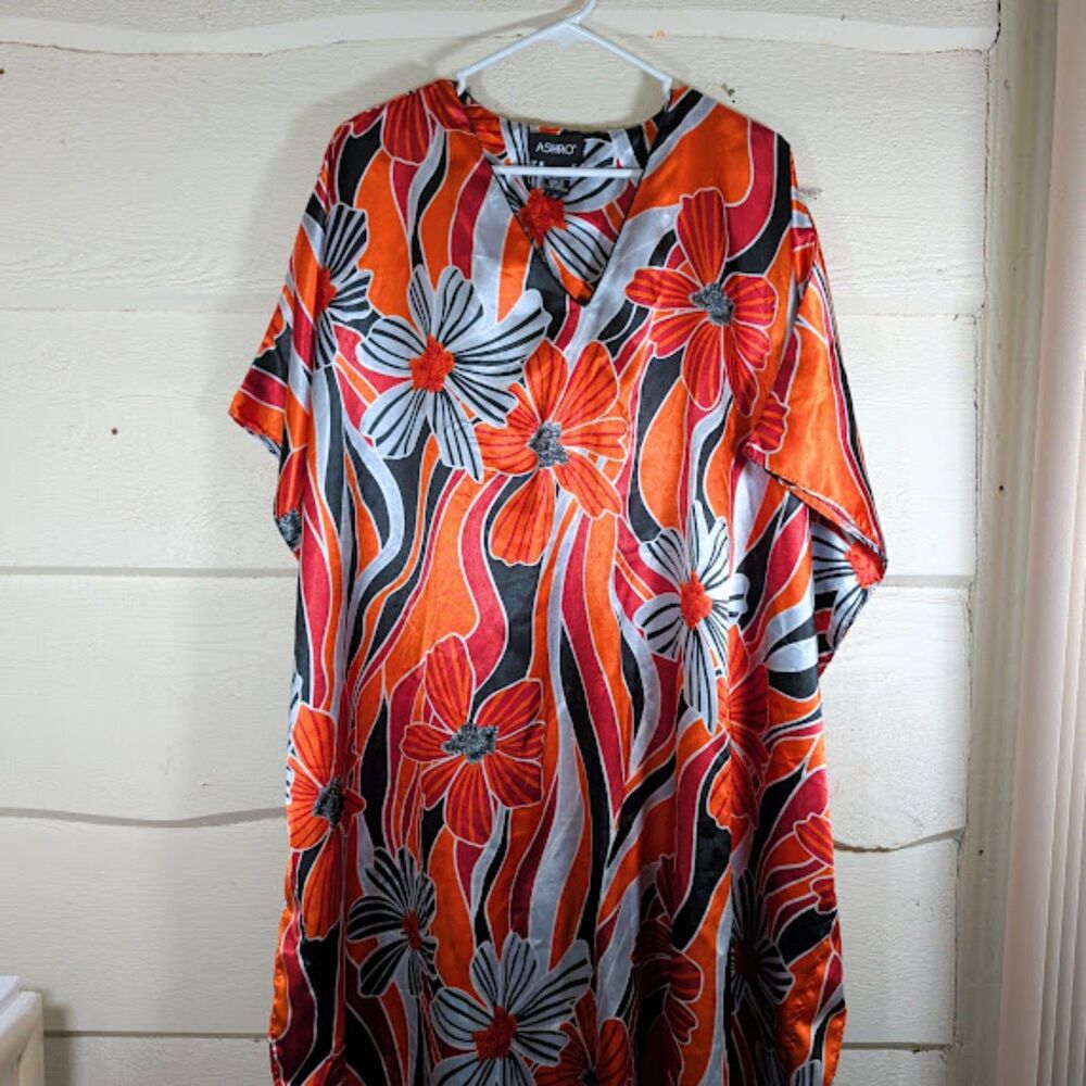 ASHRO Floral Caftan Maxi Dress V-Neck Multicolor One Size OS